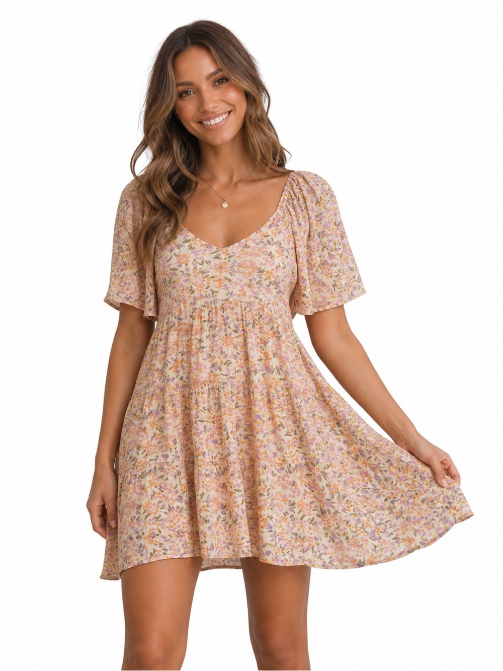 Billabong Peach Floral Smocked Waist Mini Dress